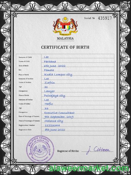 Malaysia vital record birth certificate PSD template